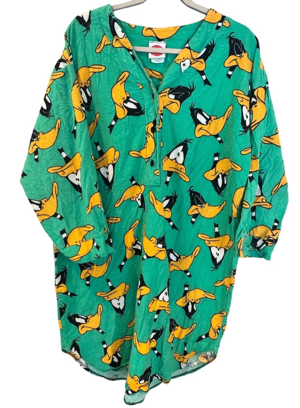 Vtg Looney Tunes Long Pajama Shirt Dress Daffy Duck 90s Green Flannel OS Nighty